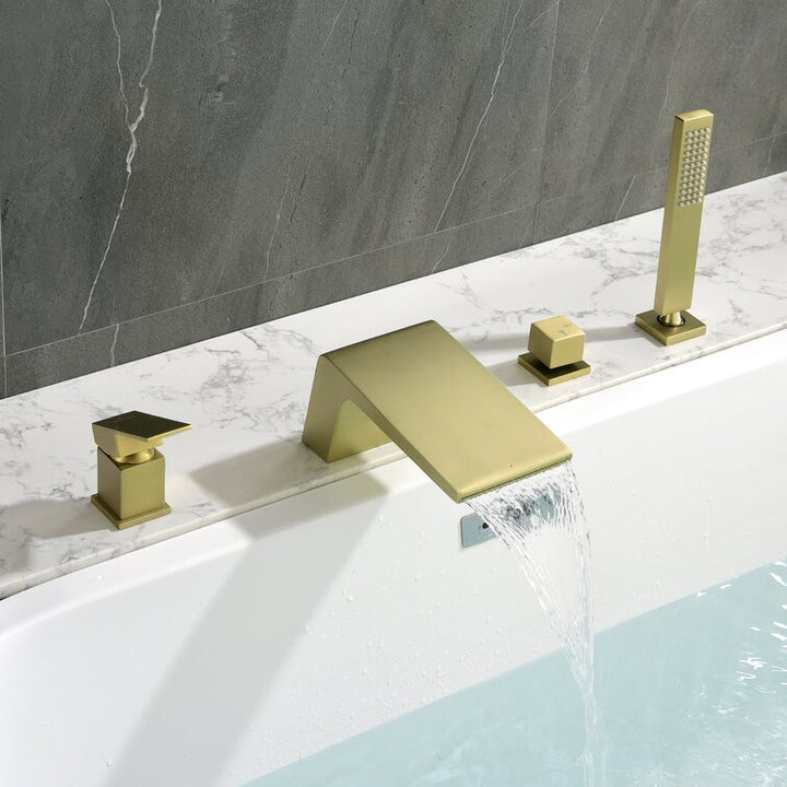 Single-Handle Tub Deck Mount Roman Tub Faucet with Hand Shower and Water Suply Hose in Brushed Gold