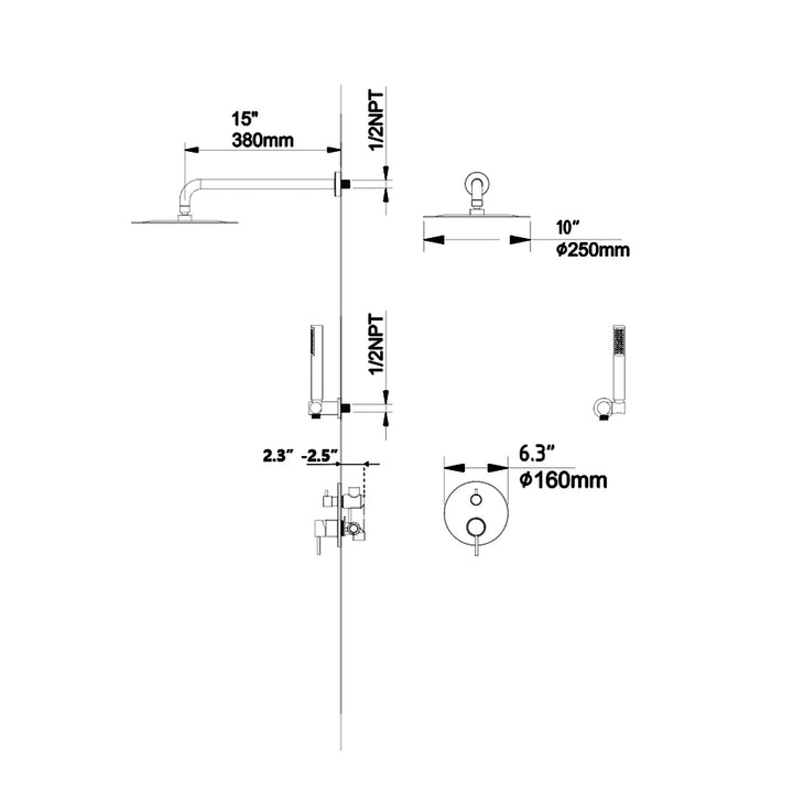 10 inch 1-Spray Patterns with1.5 GPM Wall Mounted Dual Shower Heads in Matte Black (Valve Included)
