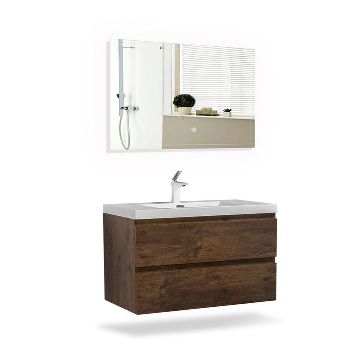 White & Rose Wood Wall-Mounted Bathroom Vanity With Faux Marble Integrated Top & Sink