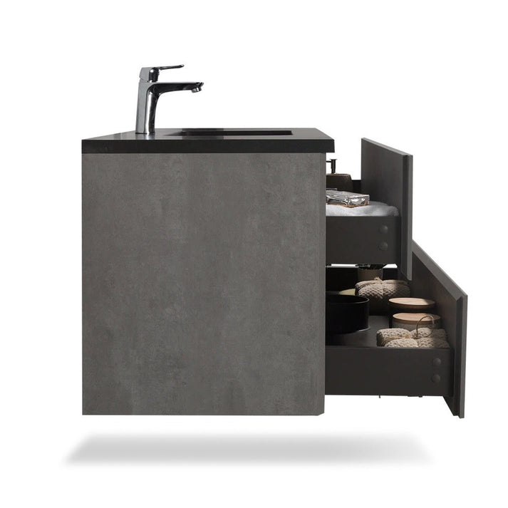 Wood Melamine Vanity Set in Gray with Quartz Sand Surface Top Black Basin