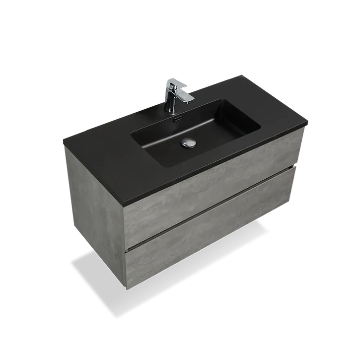 Wood Melamine Vanity Set in Gray with Quartz Sand Surface Top Black Basin