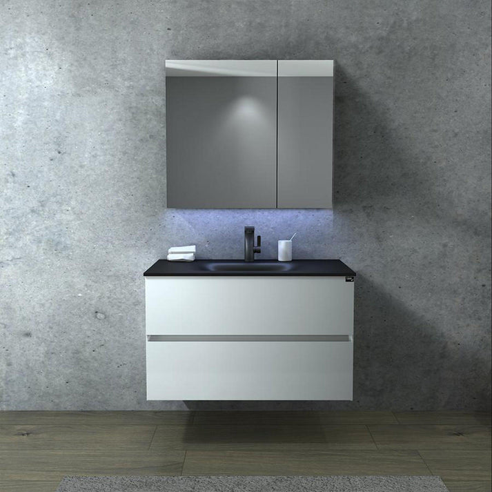 Matte Black & Glossy White Bathroom Vanity Set with Black Sand Quartz Integrated Top & Double Sink