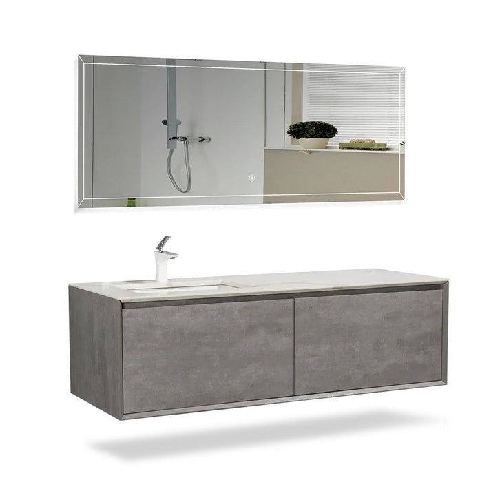 Cement Gray Wall-Mounted Bathroom Vanity with Quartz Top & Ceramic Sink
