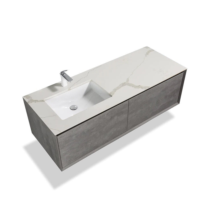 Cement Gray Wall-Mounted Bathroom Vanity with Quartz Top & Ceramic Sink