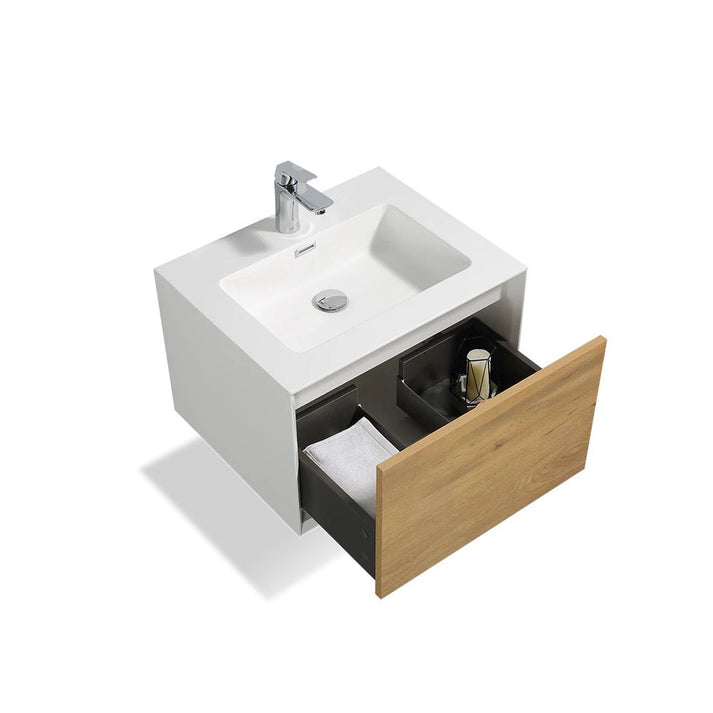 Vanity in White Oak with Solid Surface Vanity Top in White with White Basin