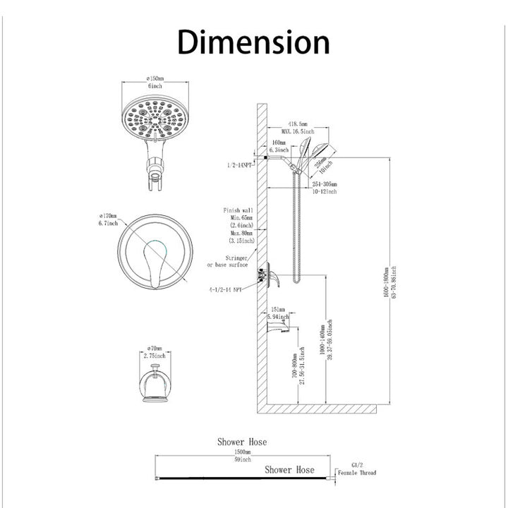 Single-Handle 6-Spray Round High Pressure Shower Faucet with 6 inch Shower Head