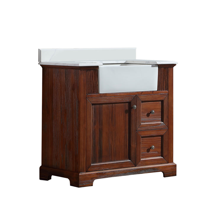 36 in. W x 22 in. D x 35 in. H Freestanding Bath Vanity Wood in Brown with White Quartz Top with White Basin