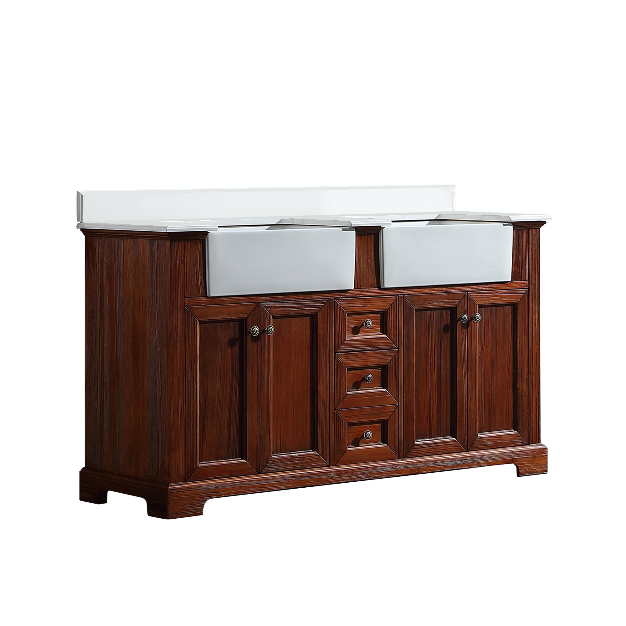 60" Freestanding Bath Vanity Wood in Brown with White Quartz Top with White Basin