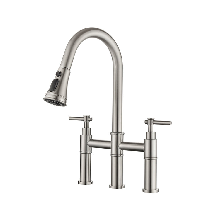 Double Handle Bridge Kitchen Faucet with Pull-Down Sprayhead
