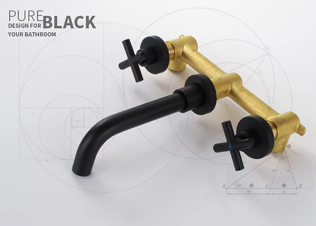 2-Handle Wall Mount Bathroom Faucet with Cross Handles in Matte Black