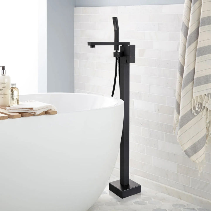 Single-Handle Floor Mount Free Standing Bathroom Tub Filler Faucet with Handheld Shower in Matte Black