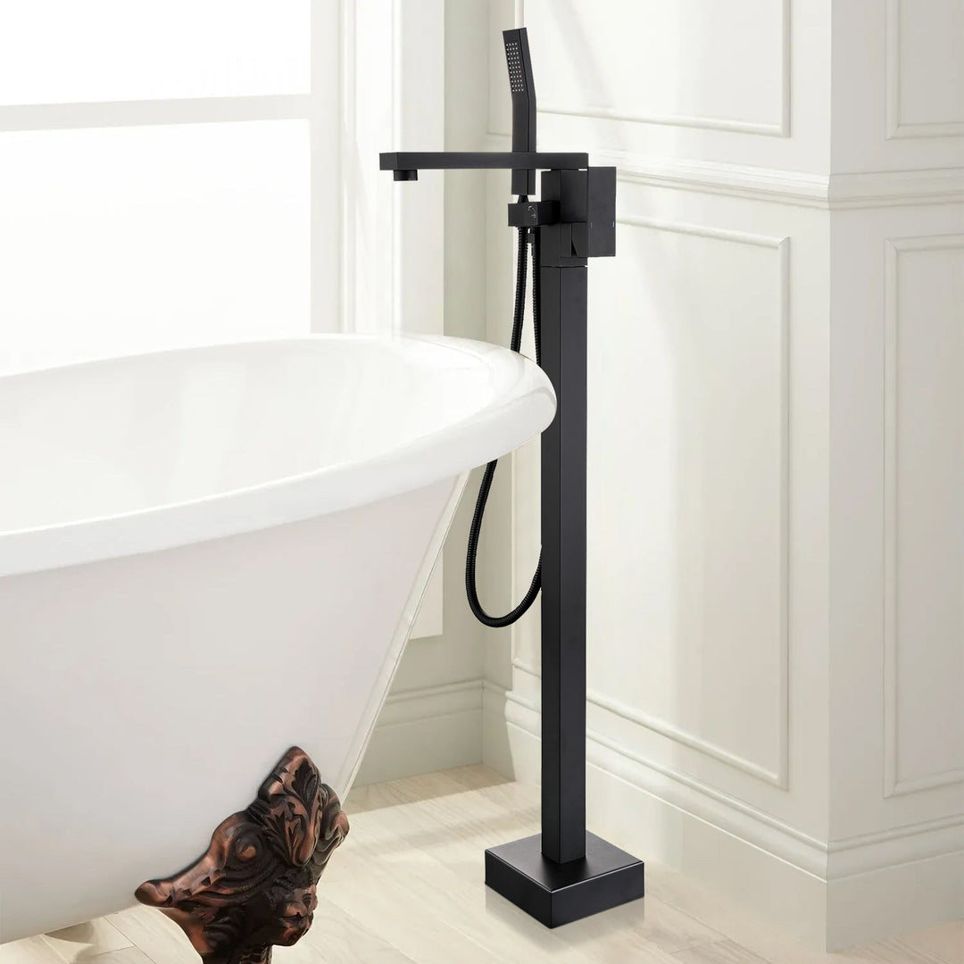 Single-Handle Floor Mount Free Standing Bathroom Tub Filler Faucet with Handheld Shower in Matte Black