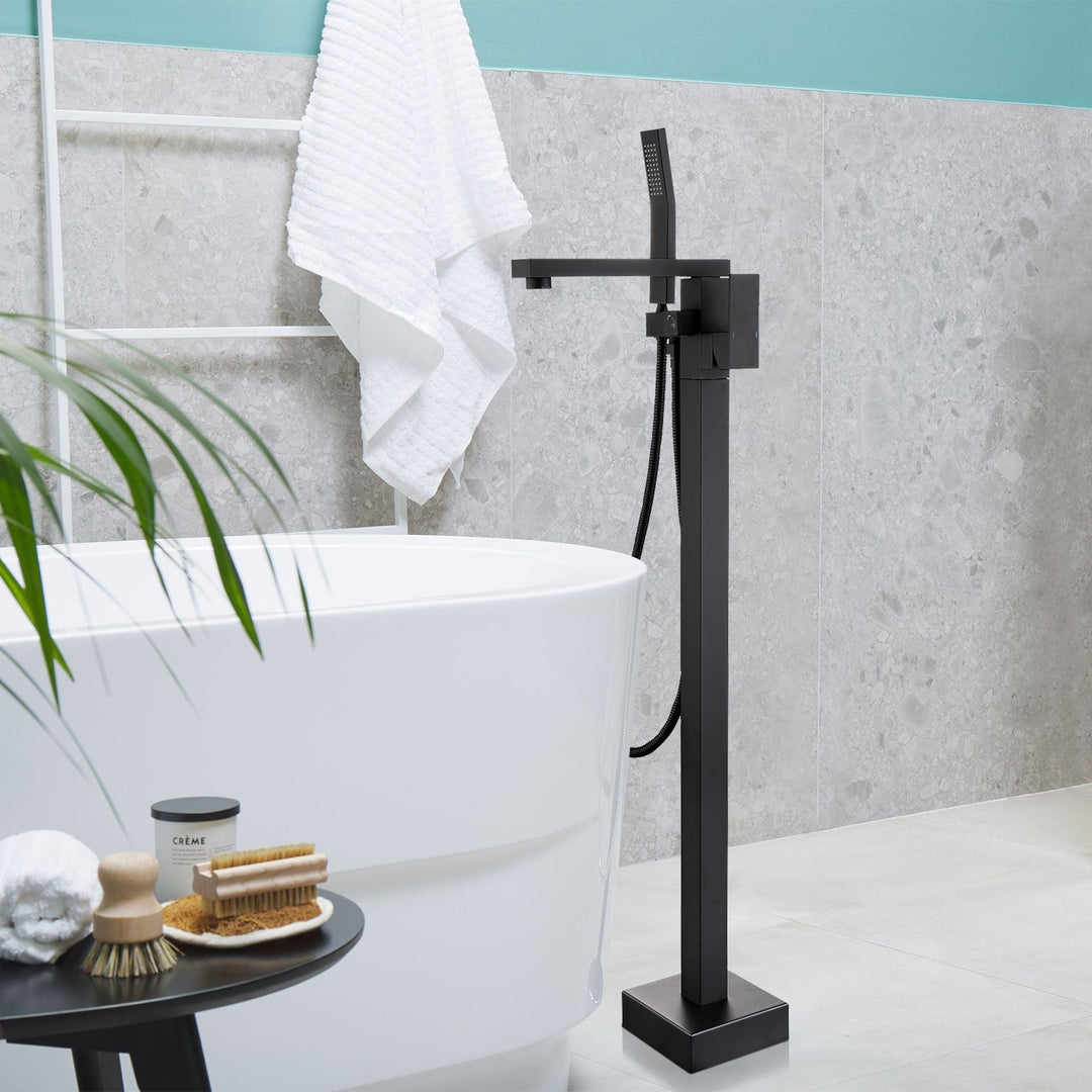 Single-Handle Floor Mount Free Standing Bathroom Tub Filler Faucet with Handheld Shower in Matte Black