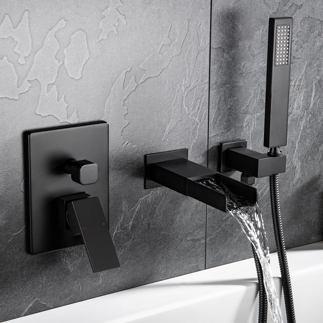 Shower System with Tub Spout, Wall Mounted Tub Shower Faucet Set for Bathroom, High Pressure Handheld Shower Head Set, Matte Black