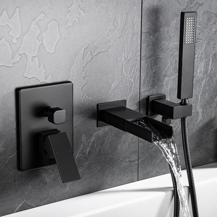 Shower System with Tub Spout, Wall Mounted Tub Shower Faucet Set for Bathroom, High Pressure Handheld Shower Head Set, Matte Black