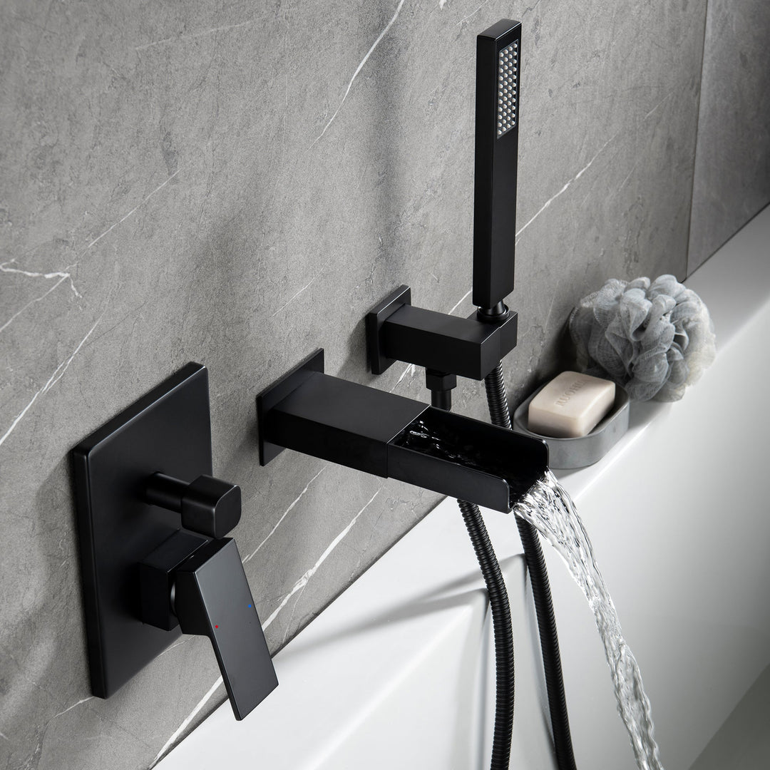 Shower System with Tub Spout, Wall Mounted Tub Shower Faucet Set for Bathroom, High Pressure Handheld Shower Head Set, Matte Black
