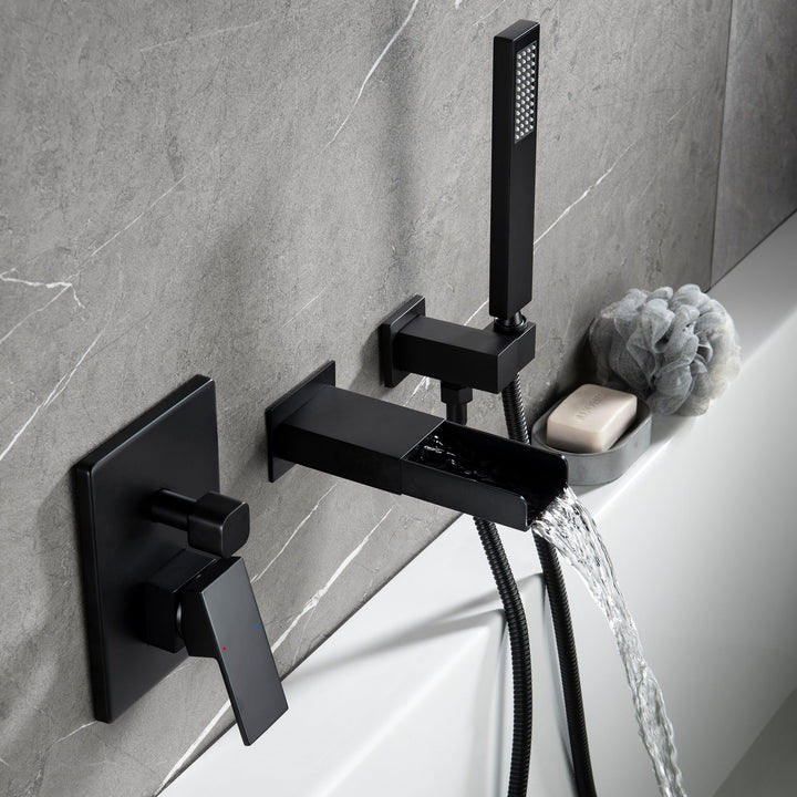 Shower System with Tub Spout, Wall Mounted Tub Shower Faucet Set for Bathroom, High Pressure Handheld Shower Head Set, Matte Black