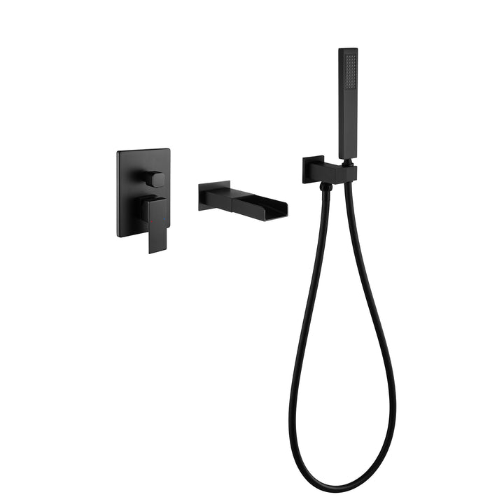 Shower System with Tub Spout, Wall Mounted Tub Shower Faucet Set for Bathroom, High Pressure Handheld Shower Head Set, Matte Black