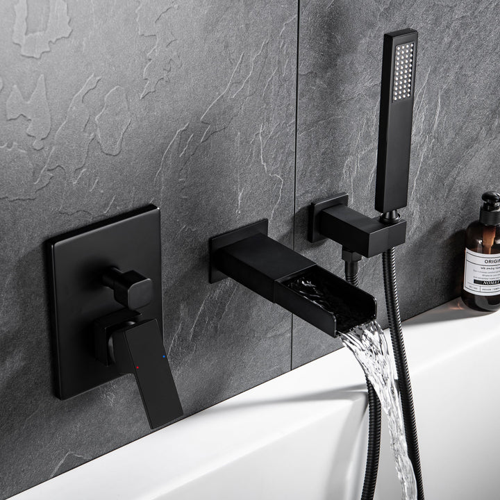 Shower System with Tub Spout, Wall Mounted Tub Shower Faucet Set for Bathroom, High Pressure Handheld Shower Head Set, Matte Black