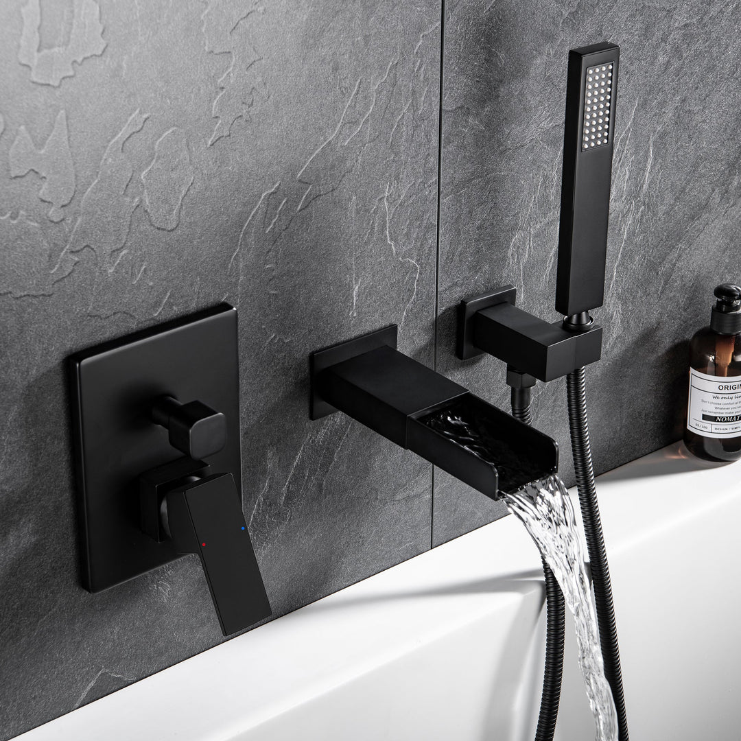 Single-Handle Wall Mount Tub Faucet with Hand Shower in Matte Black(Valve Included)