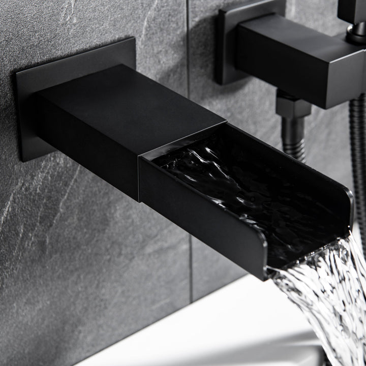 Shower System with Tub Spout, Wall Mounted Tub Shower Faucet Set for Bathroom, High Pressure Handheld Shower Head Set, Matte Black