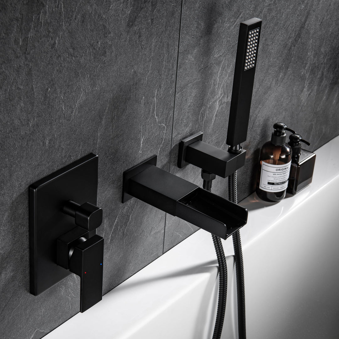 Shower System with Tub Spout, Wall Mounted Tub Shower Faucet Set for Bathroom, High Pressure Handheld Shower Head Set, Matte Black