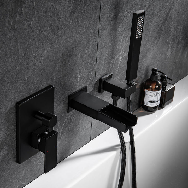 Shower System with Tub Spout, Wall Mounted Tub Shower Faucet Set for Bathroom, High Pressure Handheld Shower Head Set, Matte Black