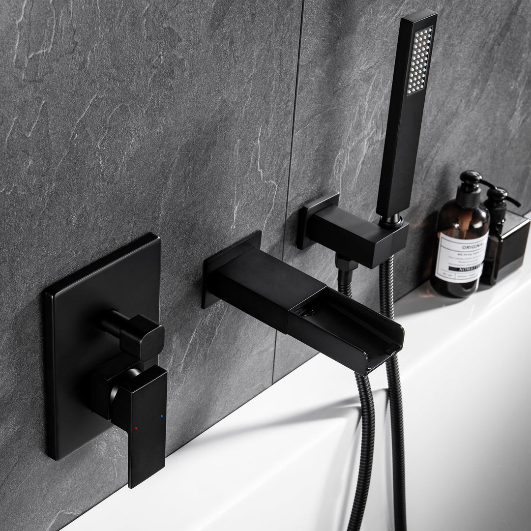 Shower System with Tub Spout, Wall Mounted Tub Shower Faucet Set for Bathroom, High Pressure Handheld Shower Head Set, Matte Black
