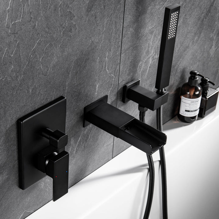 Shower System with Tub Spout, Wall Mounted Tub Shower Faucet Set for Bathroom, High Pressure Handheld Shower Head Set, Matte Black