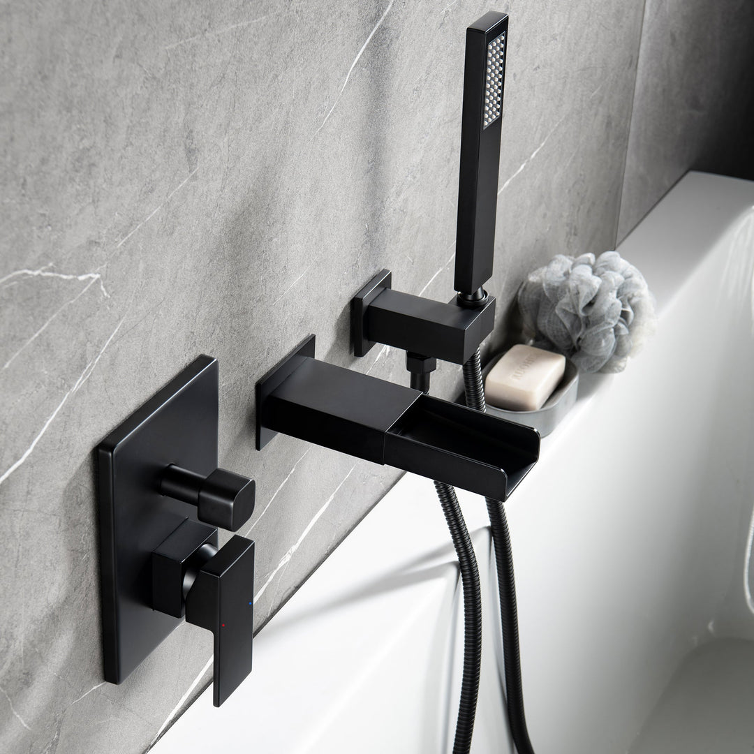 Shower System with Tub Spout, Wall Mounted Tub Shower Faucet Set for Bathroom, High Pressure Handheld Shower Head Set, Matte Black