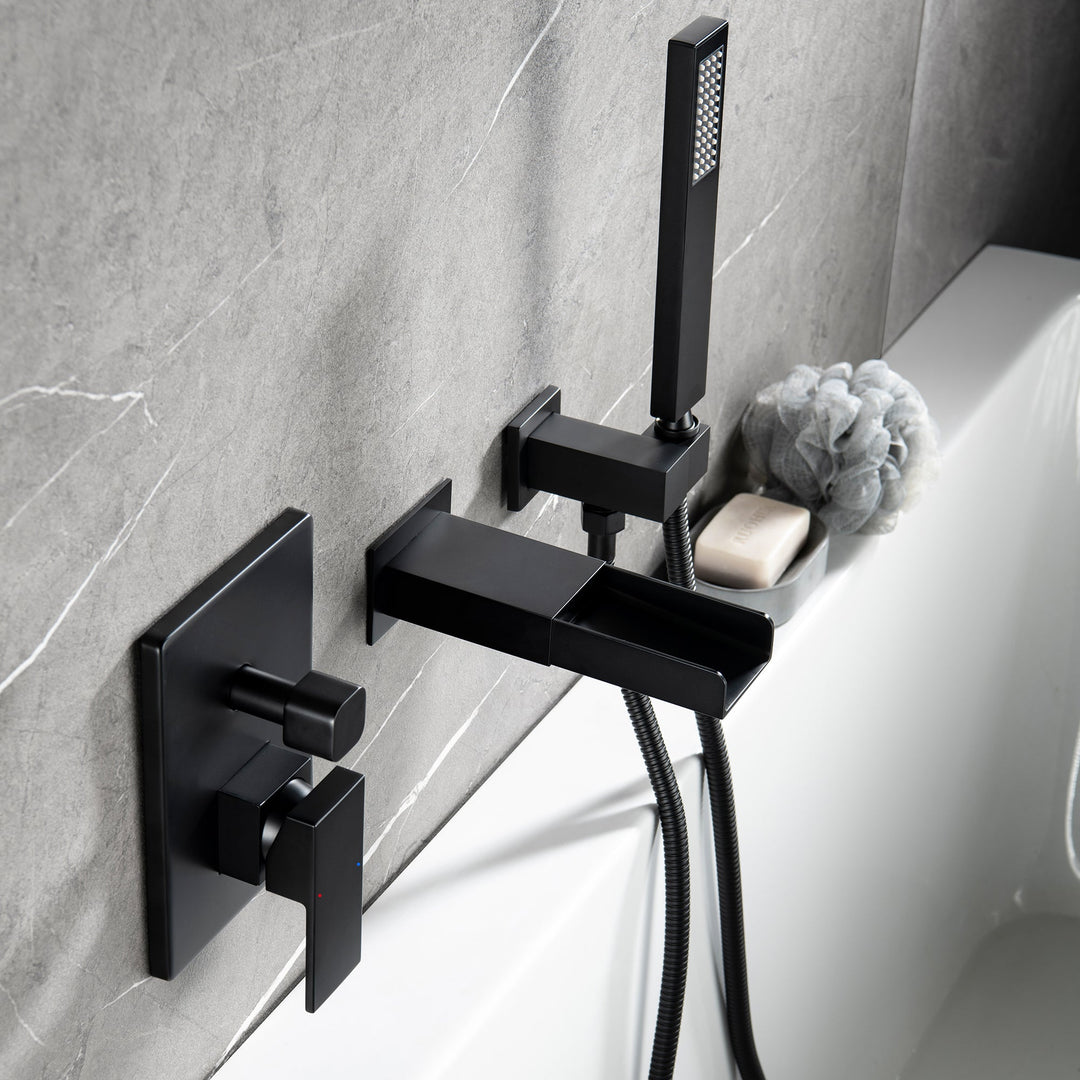 Single-Handle Wall Mount Tub Faucet with Hand Shower in Matte Black(Valve Included)