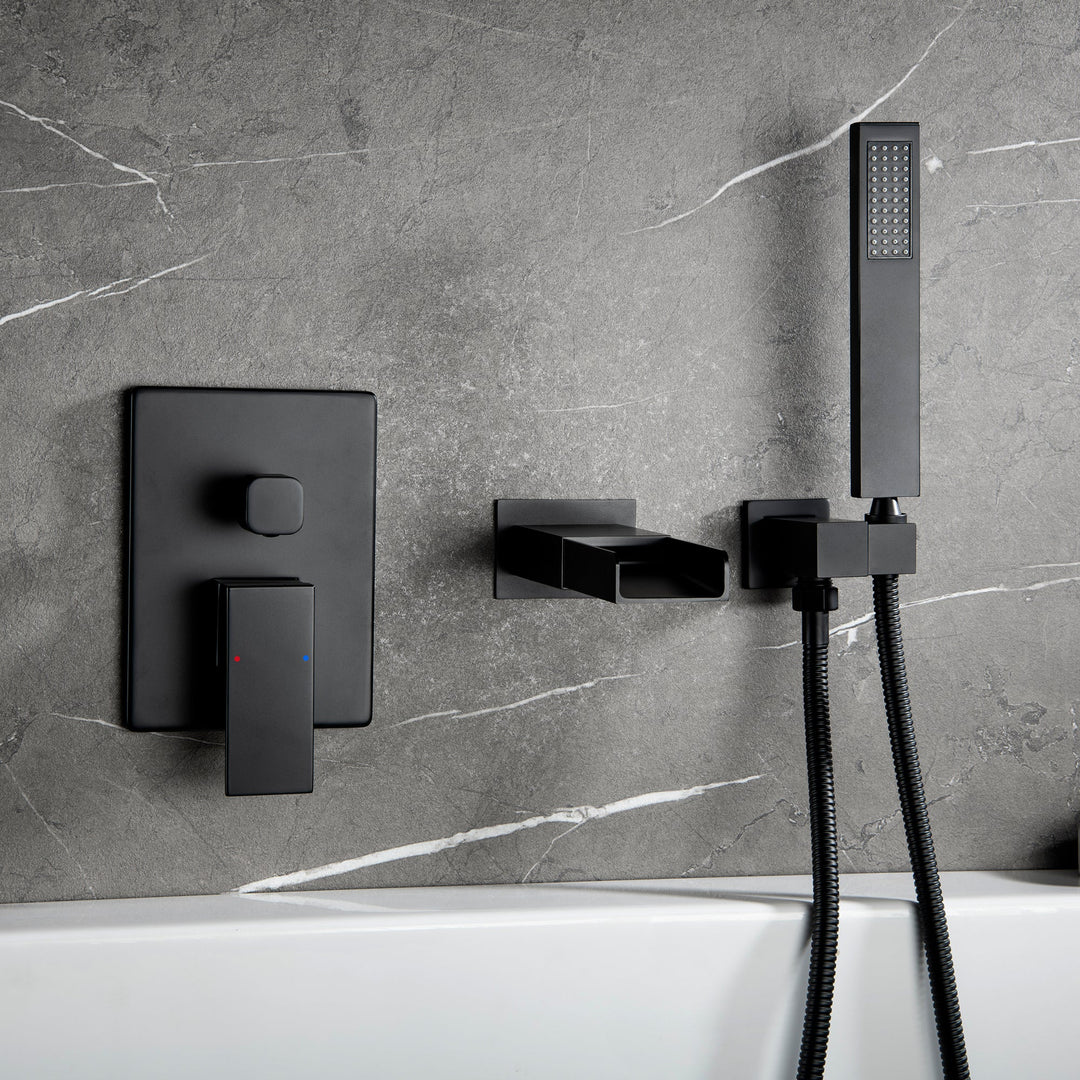 Shower System with Tub Spout, Wall Mounted Tub Shower Faucet Set for Bathroom, High Pressure Handheld Shower Head Set, Matte Black