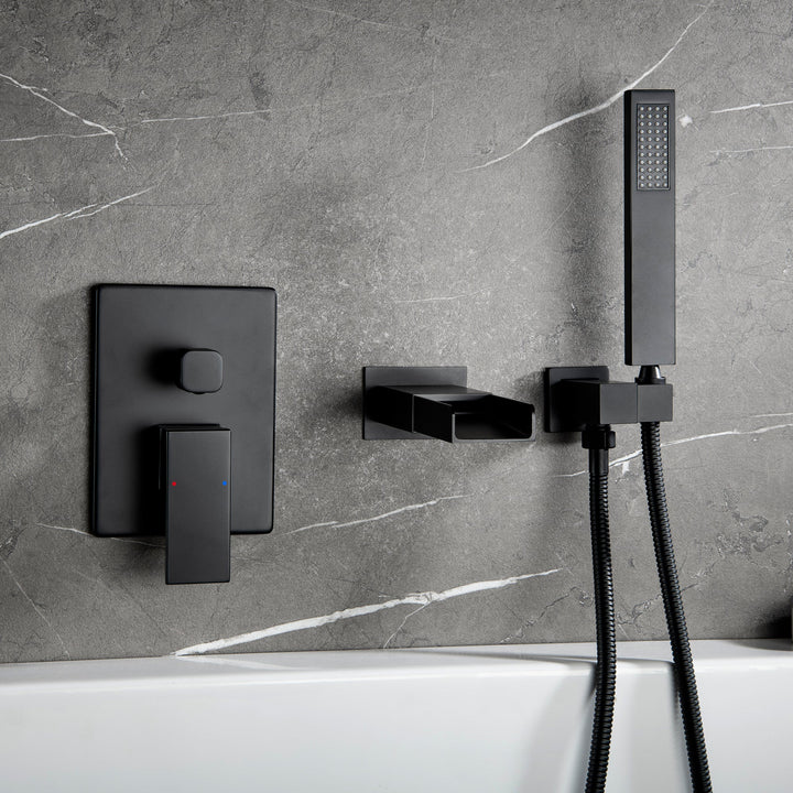 Shower System with Tub Spout, Wall Mounted Tub Shower Faucet Set for Bathroom, High Pressure Handheld Shower Head Set, Matte Black