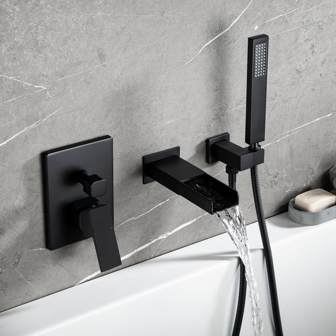 Shower System with Tub Spout, Wall Mounted Tub Shower Faucet Set for Bathroom, High Pressure Handheld Shower Head Set, Matte Black