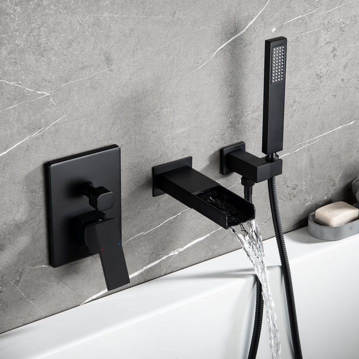 Shower System with Tub Spout, Wall Mounted Tub Shower Faucet Set for Bathroom, High Pressure Handheld Shower Head Set, Matte Black