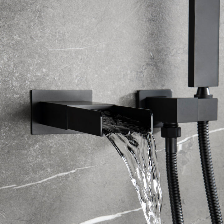 Shower System with Tub Spout, Wall Mounted Tub Shower Faucet Set for Bathroom, High Pressure Handheld Shower Head Set, Matte Black