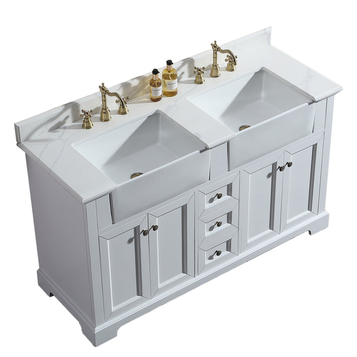 60" Freestanding Bath Vanity Minimalist in White with White Quartz Top with White Basin