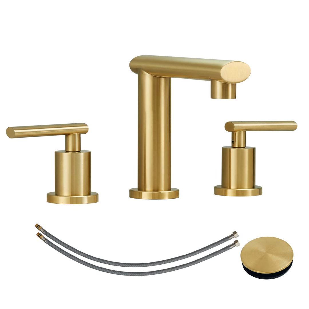 2-Handles 3 Hole Modern Widespread Bathroom Faucet with Pop Up Drain Assembly and Lead-Free Supply Hose