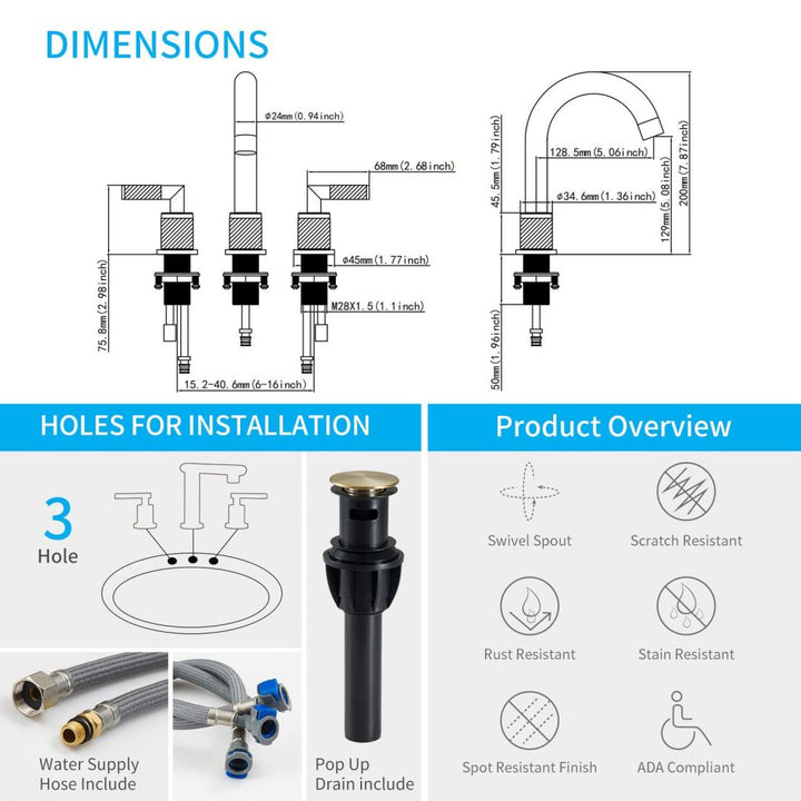 2 Handle 8 Inch Bathroom Sink Faucets Stainless Steel 3 Hole Widespread with Pop Up Drain and Water Supply Hoses