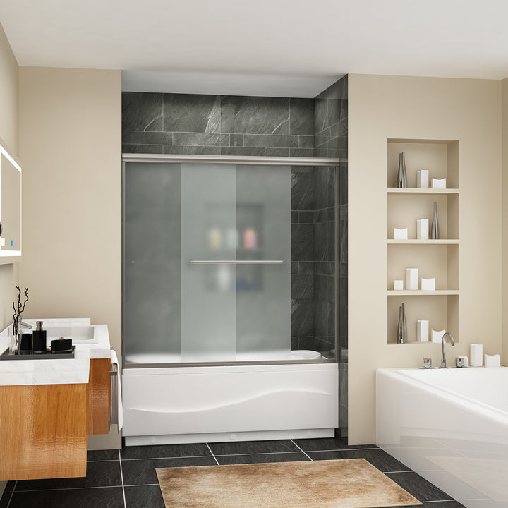 57 in. x 60 in. Semi-Frameless Double Sliding Door, frosted Glass in Brushed Nickel