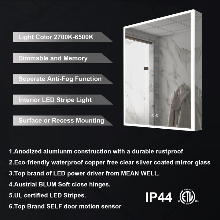 24 in. x 30 in. Rectangular Recessed/Surface Mount Left Medicine Cabinet with Mirror and LED Light