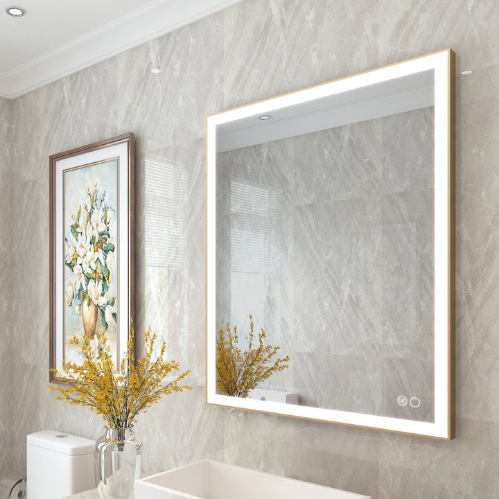 40 in. W x 32 in. H Aluminium Framed Rectangular LED Light Bathroom Vanity Mirror in Gold