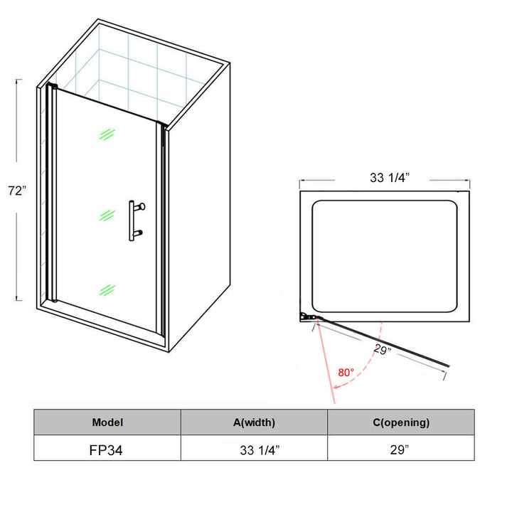 34 in. W x 72 in. H Semi-Frameless Pivot Swing Shower Door Corner Clear Glass in Chrome