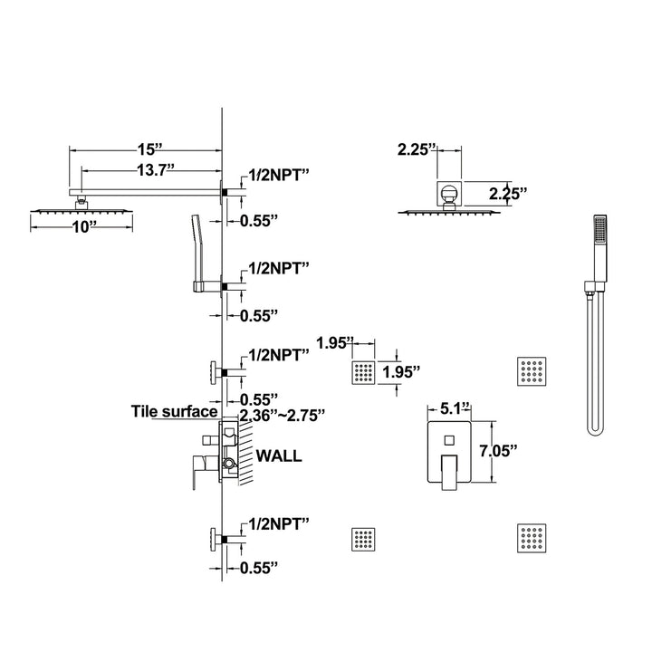 10 inch Shower Faucet Set with 4 PCS Shower Body Sprayer Jets