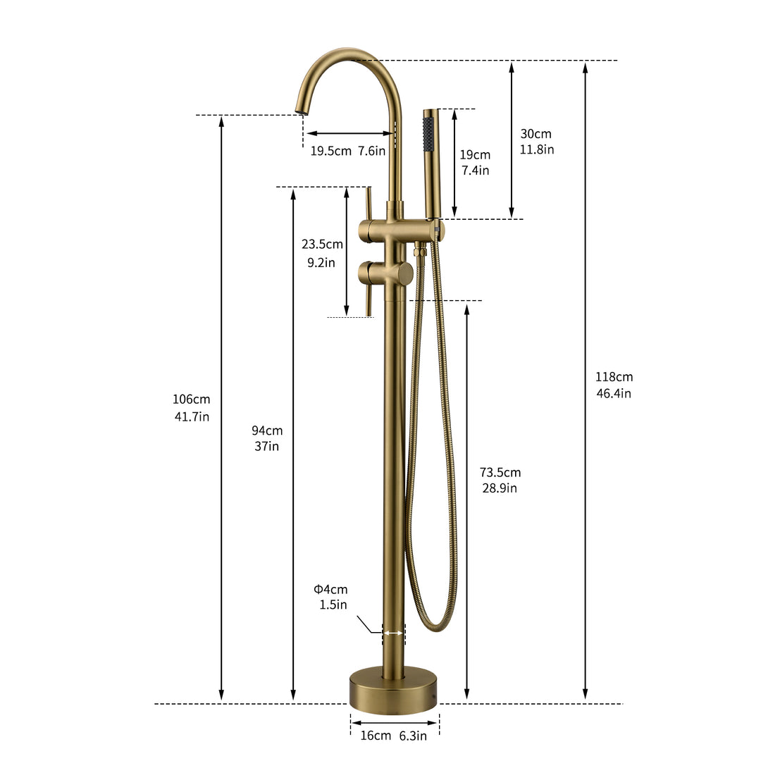 Brushed Gold 2-Handle Freestanding Tub Faucet with Hand Shower