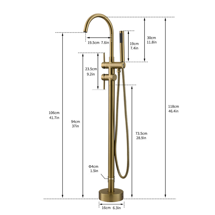 Brushed Gold 2-Handle Freestanding Tub Faucet with Hand Shower