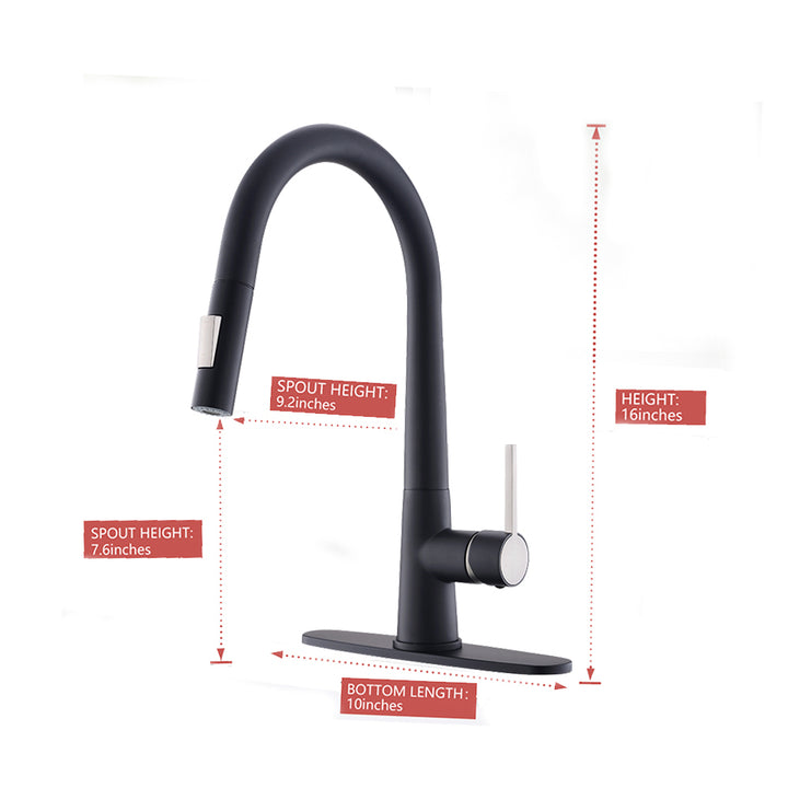 Single Handle Deck Mount Gooseneck Pull Down Sprayer Kitchen Faucet and Handles in Black