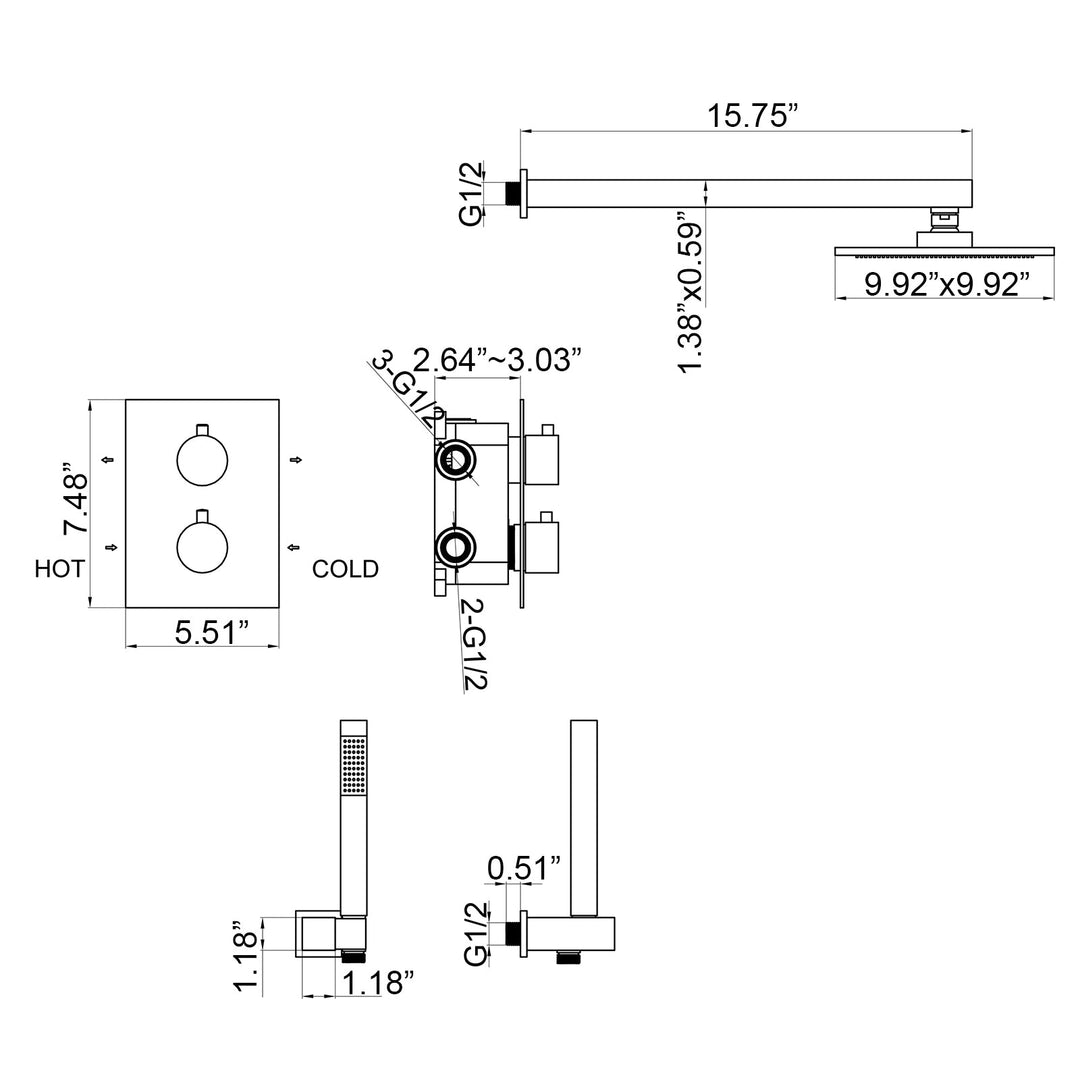 10 inch Wall Mounted Large Flow Thermostatic Shower System With Rough-In Valve