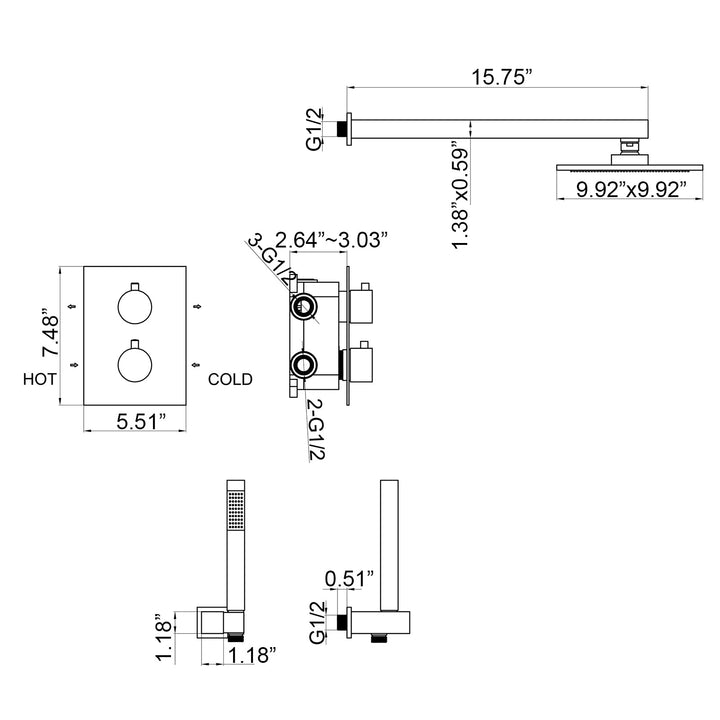 10 inch Wall Mounted Large Flow Thermostatic Shower System With Rough-In Valve