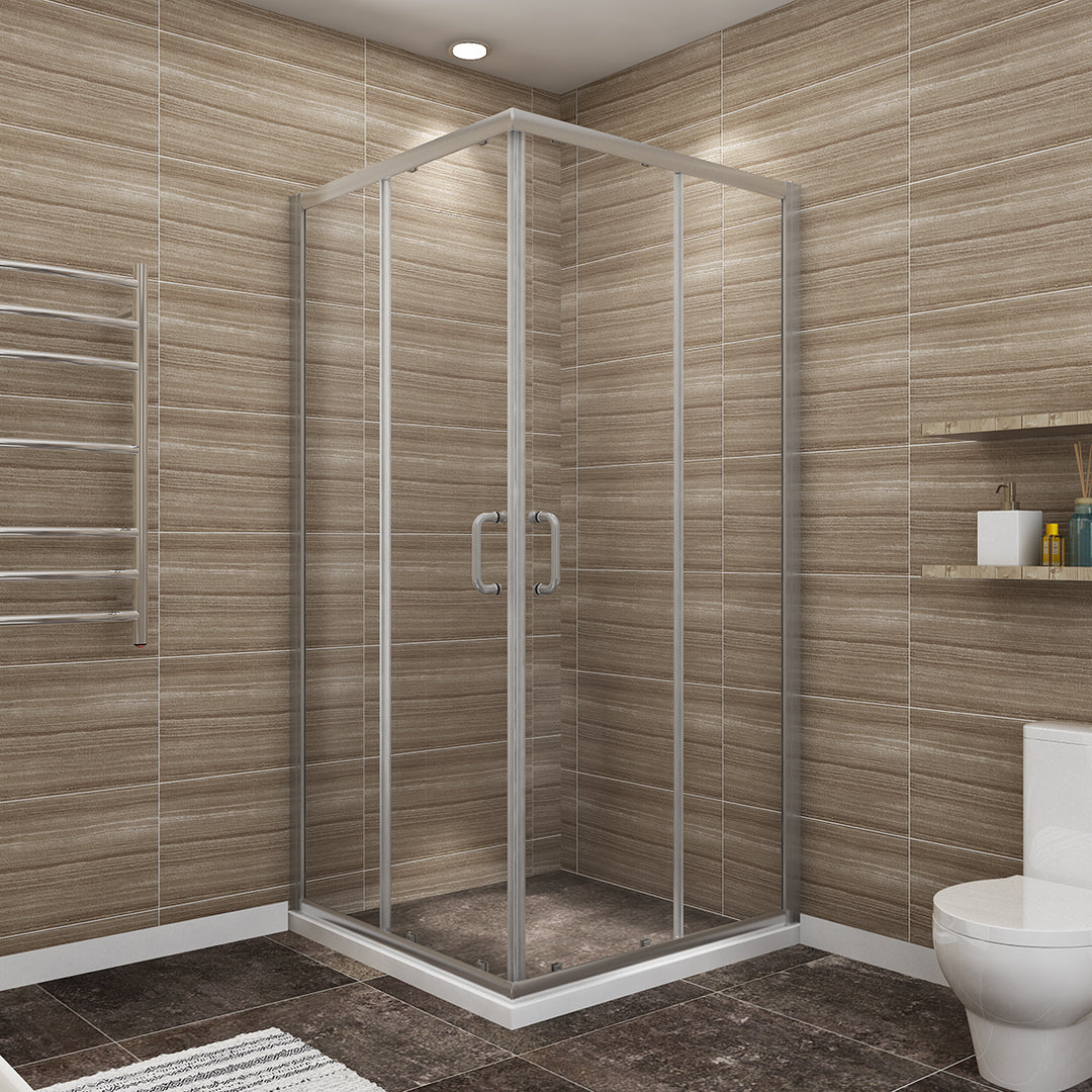 36 in. x 72 in. Corner Shower Enclosure Clear Glass Double Sliding Doors with Handle Brushed Nickel
